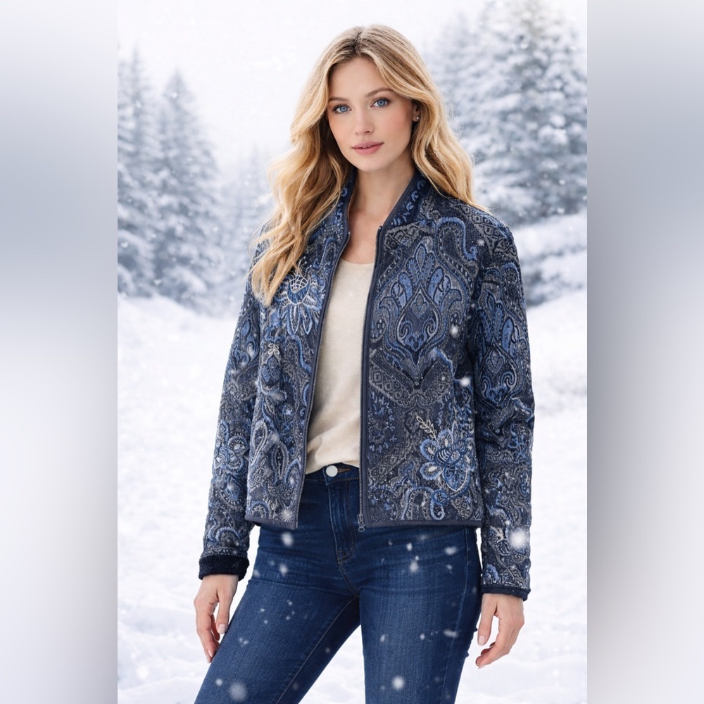 Coldwater Creek Blue Embroidered Paisley Tapestry Jacket Sz 12 P Art to wear - Picture 5 of 5